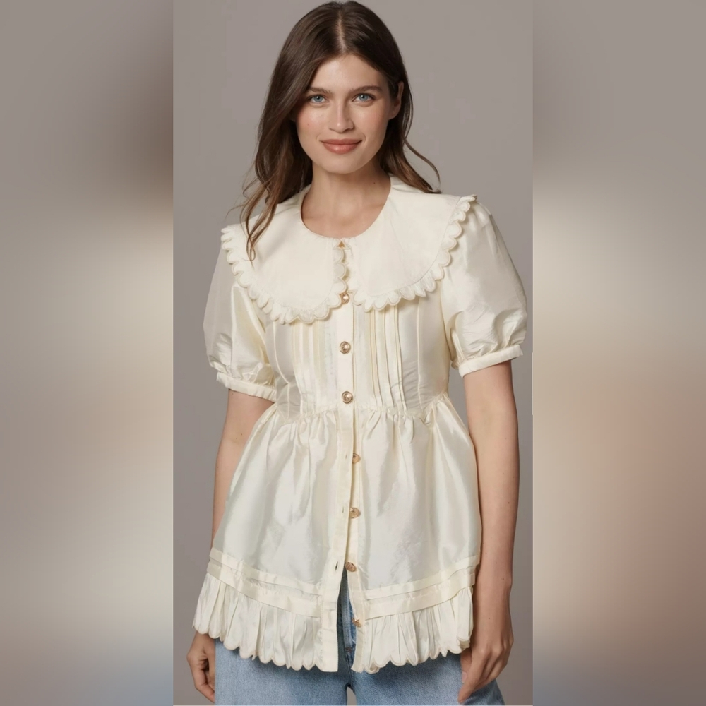 MAEVE Puff Sleeve Collared Babydoll Blouse - Picture 2 of 3